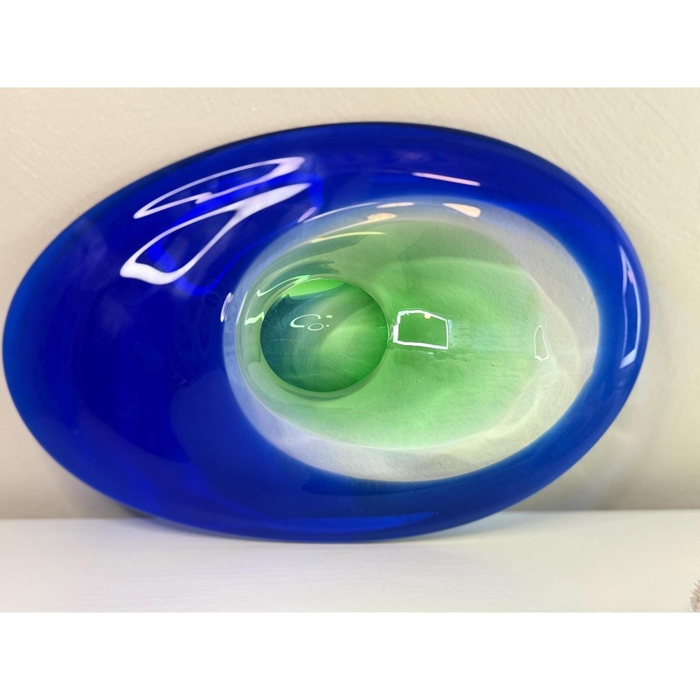 Vintage Murano Style Sommerso Art Glass Bowl Cobalt Blue Green Asymmetrical Oval